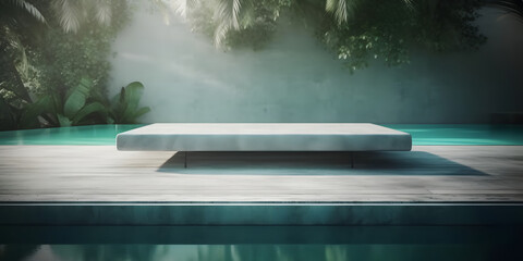 For the product display, empty marble with frosted windows and a swimming pool serve as backdrops - obrazy, fototapety, plakaty