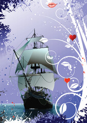 Decorative Valentine`s Day greeting card with ship image