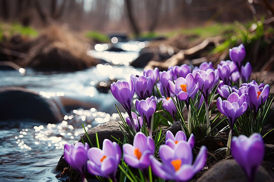 spring crocus flowers, crocuses in the forest with  river