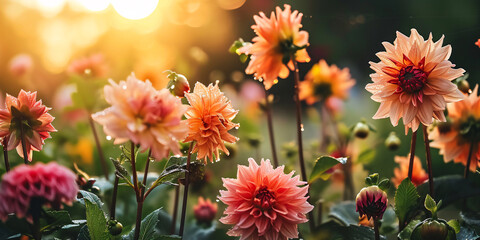 A Colorful Mix of Dahlia Flowers Adorned with Raindrops, Set in a Rustic Garden Against the Serene Backdrop of a Sunset. A Captivating Banner of Nature's Beauty Blooms of Elegance