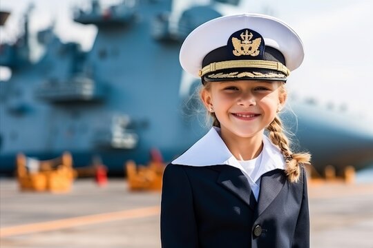Portrait of a little girl in uniform on the background of the ship