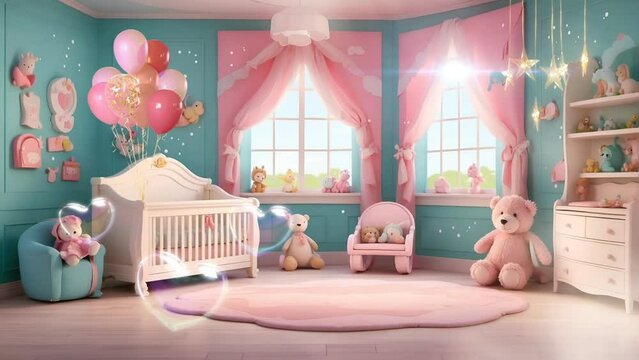 Baby lullaby animation, cute baby child bedroom. Seamless smooth looping digital 4k video background