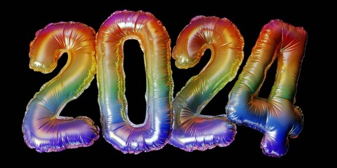 Gold foil numbers 2024 concept new year with balloons on black background