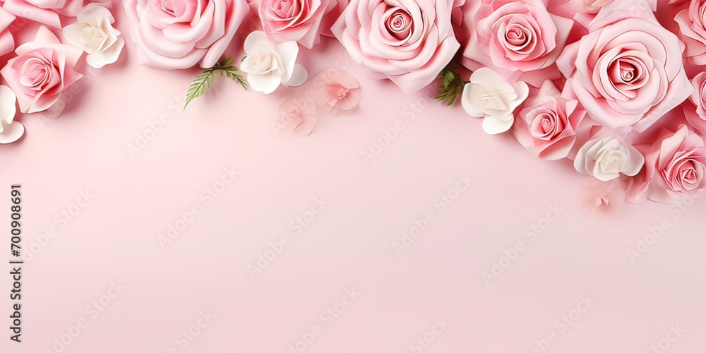 Wall mural Banner with pink rose flowers on light pink background. Greeting card template for Wedding, mothers or woman day. Springtime composition with copy space. Flat lay style 