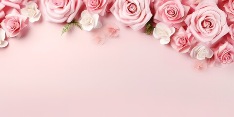 Banner with pink rose flowers on light pink background. Greeting card template for Wedding, mothers or woman day. Springtime composition with copy space. Flat lay style 