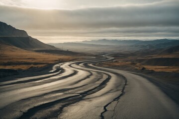 The roads are destroyed and cracked with asphalt. The consequences of war, earthquakes, cataclysms, and natural disasters.