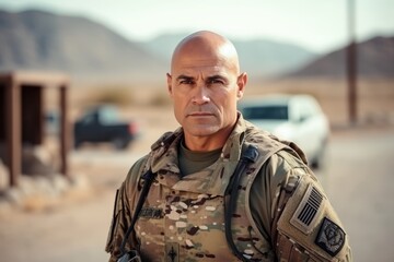 Portrait of mature soldier standing in desert and looking at camera.