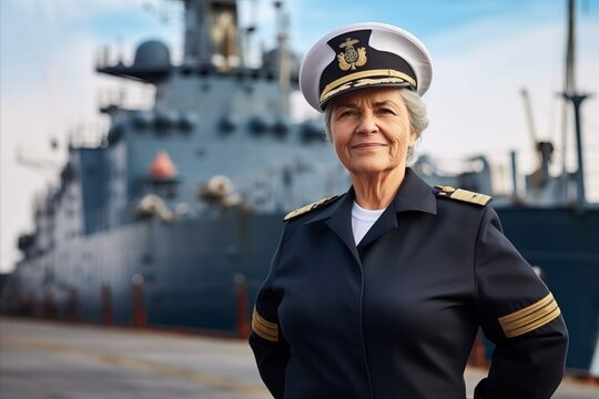 portrait of happy senior woman in navy uniform on warship background