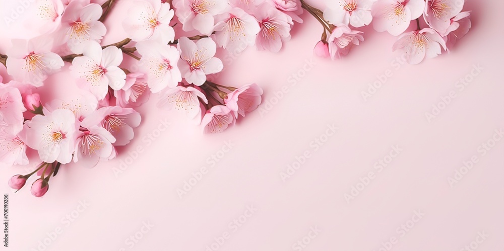 Canvas Prints Banner with Sakura flowers on light pink background. Greeting card template for Wedding, mothers or woman day. Springtime composition with copy space. Flat lay style 