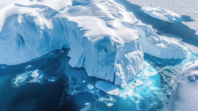 Clomate change make huge icebergs collapsing down to the blue sea in Antarctica
