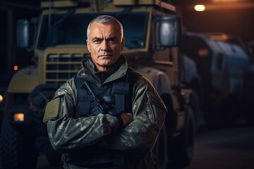 Fototapeta na wymiar Portrait of mature man standing with arms crossed in front of trucks