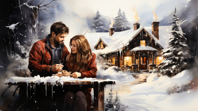 Romantic Couple Celebrating Valentine's Day in Cozy Snowy Forest Cabin - Love and Affection Themed Illustration Painting, AI-Generated
