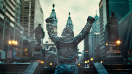 Triumphant Boxer: Victory Stance in Philadelphia's Urban Arena