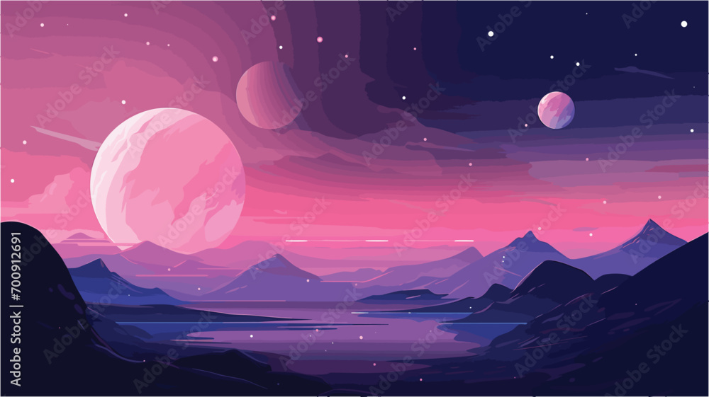 Wall mural tranquility of a cosmic landscape with a vector scene illustrating a serene view of distant planets 