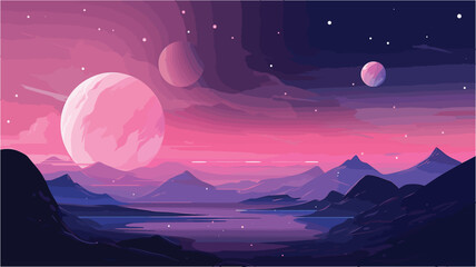 tranquility of a cosmic landscape with a vector scene illustrating a serene view of distant planets and moons.  - obrazy, fototapety, plakaty