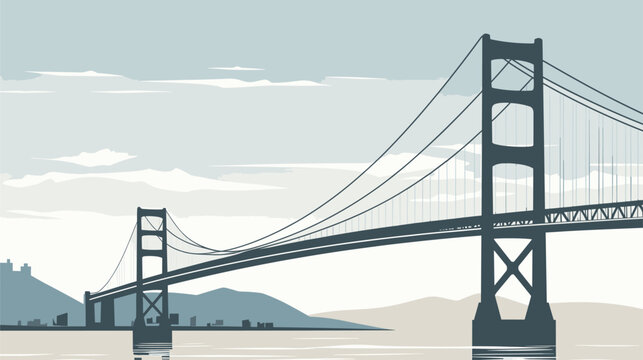 sense of suspension and elegance in a vector scene featuring a suspension bridge soaring across vast expanses. Illustrate the graceful curves and hanging cables of suspension bridge