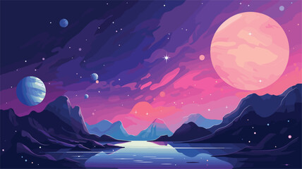  tranquility of a cosmic landscape with a vector scene illustrating a serene view of distant planets and moons. soft glow of celestial bodies against the backdrop of space - obrazy, fototapety, plakaty