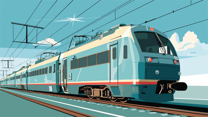 importance of electrification in rail infrastructure with a vector art piece showcasing the installation of overhead wires for electric train operations. - obrazy, fototapety, plakaty