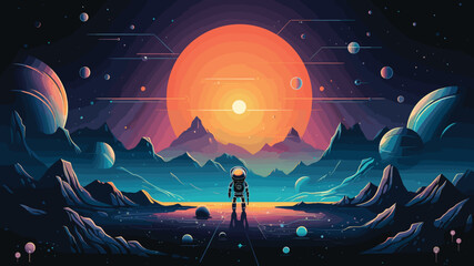 exploration of outer space with a vector scene featuring AI-driven robots on extraterrestrial missions. rovers and drones exploring alien landscapes, showcasing the technological - obrazy, fototapety, plakaty