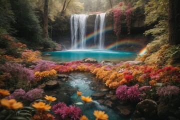 A beautiful waterfall in the forest with flowers and trees.