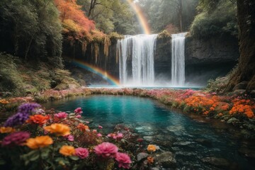A beautiful waterfall in the forest with flowers and trees.