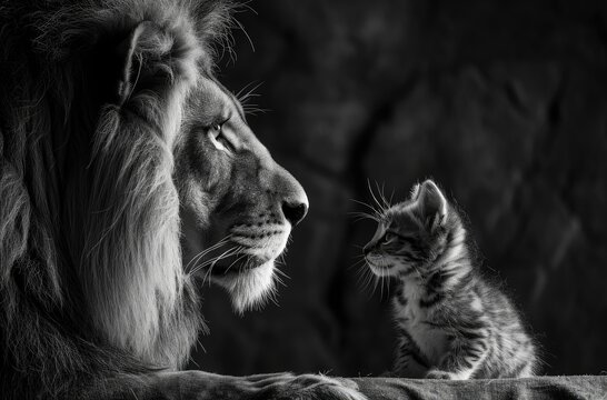 lion looking at a little kitten - black and white photograph
