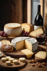 A close-up of an appetizing slice of cheese, a glass of gourmet red wine on the table.