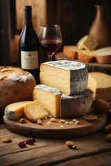 Close-up of wine and cheese served on a wooden board on the table. Gourmet food, agriculture, farms, own production, natural products concepts.