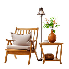 A set of living room corner, wooden chair tea table lamp post and flower pot, vintage sitting corner concept isolated on transparent background, clipping path, png file, 