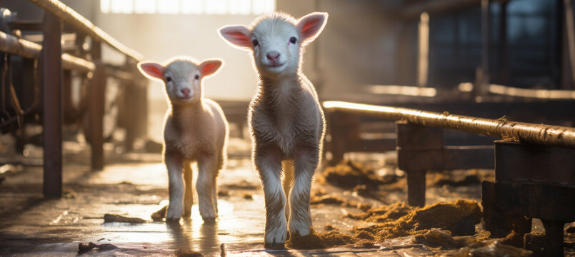 Cute little lambs stand quietly in straw in a stable and look at the camera, full body. Little lambs look out of the flock of sheep in the stable. Animals and wildlife, nature.