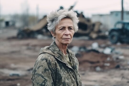 Portrait of an elderly woman in a military uniform on a construction site