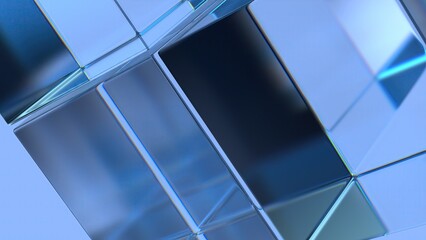 Scientific Elegant Modern 3D Rendering Abstract Background of Blue Glass Cube Refraction and Reflection Geometry