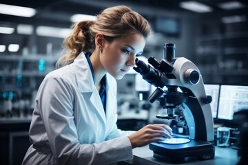 Closeup of a female scientist, assistant, doctor wearing a white medical coat conducts research, studies microorganisms, analyzes, substances under a microscope in modern medical laboratory, hospital.