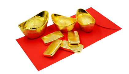 chinese gold ingots or bullion nugget with 4 chinese words Zhao Cai Jin Bao mean wish you wealth and success with pure gold bars on red envelop in png format