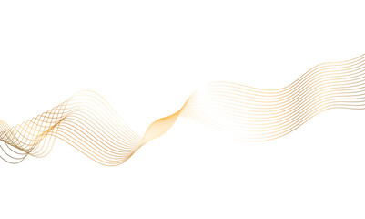 Abstract flowing golden particles wave curved lines on transparent background. Golden gradient smooth curve line shape. Design for frequency sound, technology, science, banner, business.