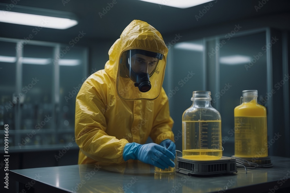 Poster close-up of a scientist wearing a protective suit and helmet conducting an analysis in a modern chem