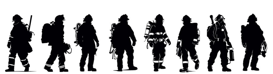 Set of firefighter with equipment silhouette vector on white background - obrazy, fototapety, plakaty