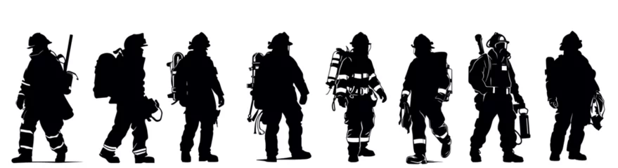 Fotobehang Set of firefighter with equipment silhouette vector on white background © Unknown Artist