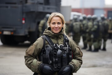 Portrait of happy female soldier standing in front of military truck and looking at camera