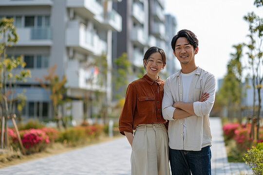 マンションの前にいる夫婦