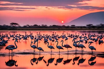 African flamingos in the lake over beautiful sunset, flock of exotic birds at natural habitat, Africa landscape, Kenya nature, Lake Nakuru national park reserve-