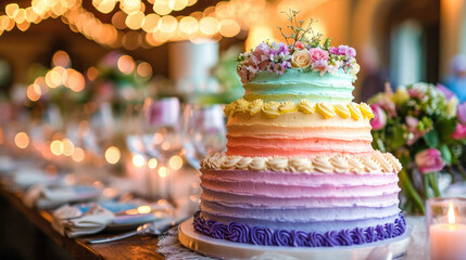 A multicolored tiered wedding cake adorned with flowers, set on a table with soft bokeh lights in the background, gay wedding concept - obrazy, fototapety, plakaty