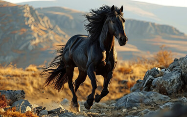 Obraz na płótnie Canvas black horse running in the field