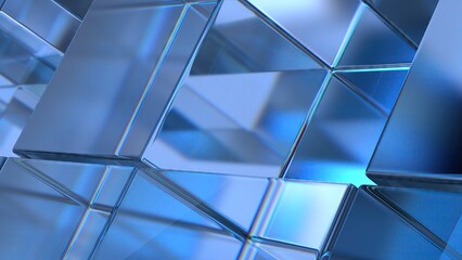 Fototapeta premium Blue Glass Cube Refraction and Reflection Structure Shape Elegant Modern 3D Rendering Abstract Background