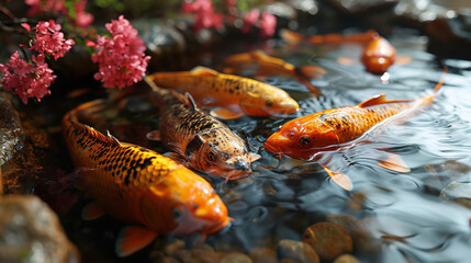 Obraz na płótnie Canvas rectangular tub filled with water, golden Koi carp calmly swim in the water