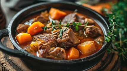 Savory beef stew in a pot.