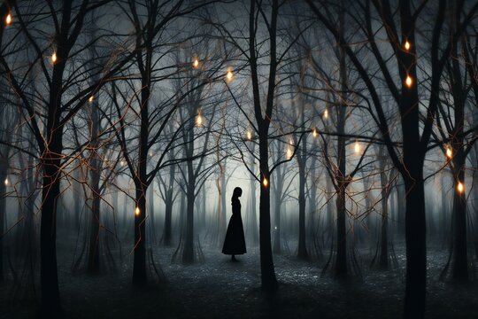 Woman in a dark forest at night with garlands
