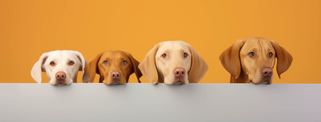 Banner cute puppy dogs are looking on an isolated yellow background. website banner or social media header