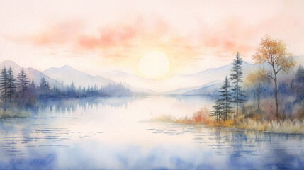 Watercolor sunrise over a tranquil lake.