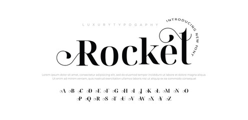 Rocket premium luxury elegant alphabet letters and numbers. Elegant wedding typography classic serif font decorative vintage retro. Creative vector illustration - obrazy, fototapety, plakaty